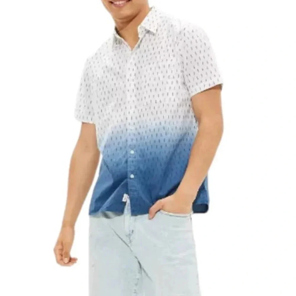 American Eagle Mens Size L Flex Dip-Dye Blue White Short Sleeve Button Up Shirt